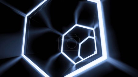 Rotating cyber tunnel with neon hexagonal lines. Design. Moving dark tunnel with reflection of neon lines on surface. Cyber tunnel immersing in virtual reality.