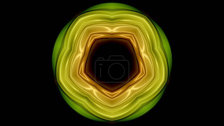 Foto de Brillante forma floral pulsante de neón con agujero oscuro en el centro sobre un fondo negro. Animación. Colorida danza de neón de forma circular - Imagen libre de derechos