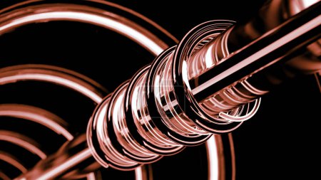 Spinning red tube around pipe with radial tubes behind. Design. Abstract working mechanism