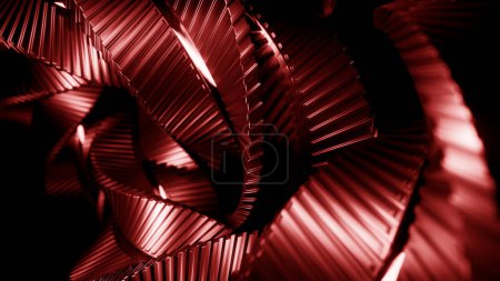 Bends of moving 3d metal spiral. Design. Hypnotic ribbon lines rotating on a black background