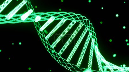 Animation rotierender DNA-Stränge. Design. Grüne, sich drehende abstrakte Dna-Spirale auf schwarzem Hintergrund mit winzigen Teilchen