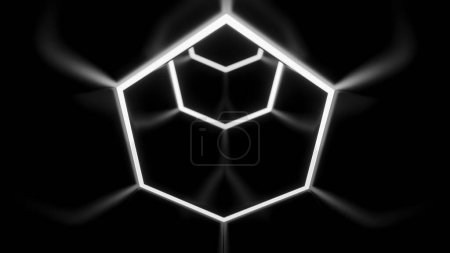 Abstract monochrome hexagon shapes creating effect of a tunnel. Design. Flying through neon frames