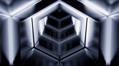 Abstract monochrome hexagon shapes creating effect of a tunnel. Design. Flying through neon frames