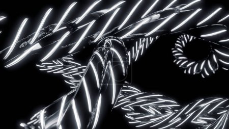Abstraktes gedrehtes, monochromes Neon-Seil auf schwarzem Hintergrund. Design. Silberne Metallseile mit weißen Neonstreifen