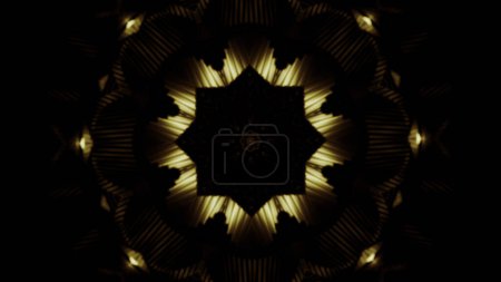 Golden shapes on black background, abstract objects. Design. Spreading and pulsating circular fractal stars