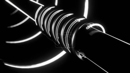 Monocromo tubo de metal grande que se extiende dentro de túnel en forma redonda. Diseño. Tubos curvos en blanco y negro