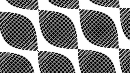 Líneas móviles de patrón de cuadrícula creando efecto 3D. Diseño. Patrón móvil con líneas circulares y rejilla hipnótica en su interior. Patrón con ilusión de movimiento en patrón sobre fondo blanco.