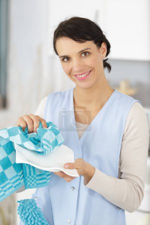 Hausfrau genießt das Trocknen von Tellern