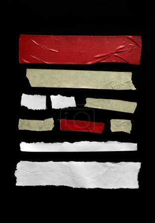 Photo for Set of pieces of general purpose tape and crumpled papers isolated on black, design elements - Royalty Free Image