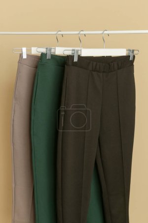 Foto de Women's Clothes. Clothes rack with classic business casual trousers in different colors. Good quality timeless fashion pieces. - Imagen libre de derechos
