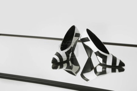 Photo for Women elegant pointy toe V cut mid kitten heels. Black and white leather shoes, product studio shot with reflexion - Royalty Free Image