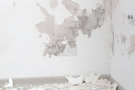 Salitre en la pared, primer plano de la pared manchada con infiltración de agua. Nitrato de potasio, que está presente en los materiales de construcción entra en contacto con el oxígeno y crea exceso de humedad en la pared.