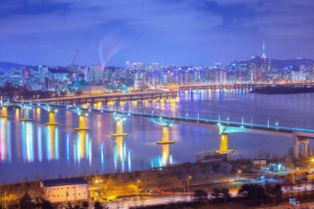Photo for Seoul city and bridge and Traffic, Han River at Night in Downtown Seoul, South Korea. - Royalty Free Image