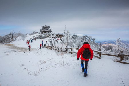 Photo for Muju-gun, Jeollabuk-do, Korea - January 10 2021: Tourists atop Deogyusan Mountain at Deogyusan National Park on a snowy day near Muju, South Korea - Royalty Free Image