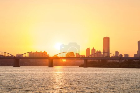 Sunset at Yeouido along the Han River in Seoul, South Korea.