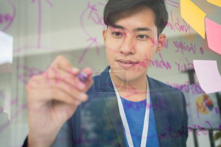 Photo for Young Creative businessman holding a marker and writing plan and share idea on glass wall with sticky note, Brainstorming and discussing and formulating, business strategies in tech startup office. - Royalty Free Image