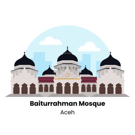 Un icono del vector que representa la icónica Mezquita Baiturrahman, un símbolo de importancia religiosa y cultural ubicado en Aceh, Indonesia.