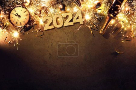 Silvester 2024 Feiertagshintergrund mit Tannenzweigen, Uhr, Weihnachtskugeln, Sektflasche, Geschenkbox und Lichtern auf dunkler Tafel