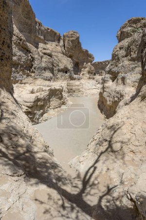 Foto de Paisaje con lecho de río seco y desgastados acantilados de piedra arenisca en el estrecho cañón de Serisem, disparado en brillante luz de finales de primavera en el desierto de Naukluft, Namibia, África - Imagen libre de derechos