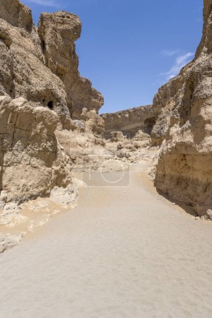 Foto de Paisaje con arena lecho de río seco y desgastados acantilados de piedra arenisca en el estrecho cañón de Serisem, disparado en brillante luz de finales de primavera en el desierto de Naukluft, Namibia, África - Imagen libre de derechos