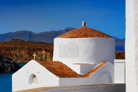 Lindos auf der Insel Rhodos, Griechenland. Kapelle des Heiligen George Pachymachiotis