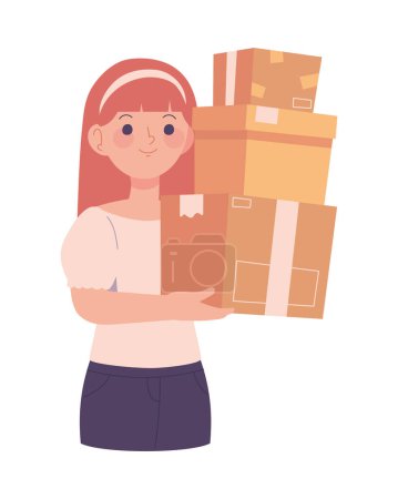 girl with cardboard boxes icon isolated