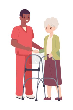 nurse male helping elderly woman, design