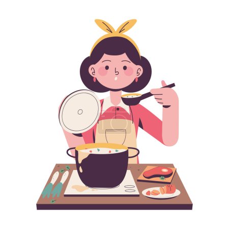 Téléchargez les illustrations : Femme cuisine une icône de soupe isolé - en licence libre de droit