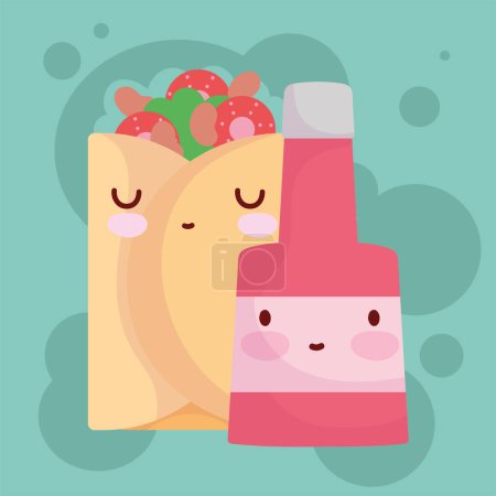 Téléchargez les illustrations : Burrito mignon et bouteille de sauce - en licence libre de droit