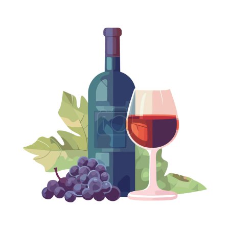 Botella de vino gourmet con icono de uvas maduras aislado