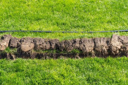 Téléchargez les photos : Un fossé creusé dans la pelouse pour la pose de tuyaux et l'installation d'irrigation. Sol sous pelouse verte et système racinaire - en image libre de droit