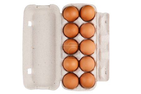 Brown eggs in an open carton against a white background.