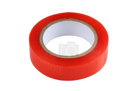 Red adhesive tape roll with a white core, isolated on a white background.