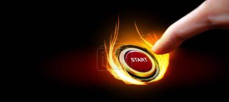 Foto de Mano humana presionando el botón rojo de inicio con llamas ardientes en el fondo oscuro, copia el espacio. Renderizado 3D - Imagen libre de derechos