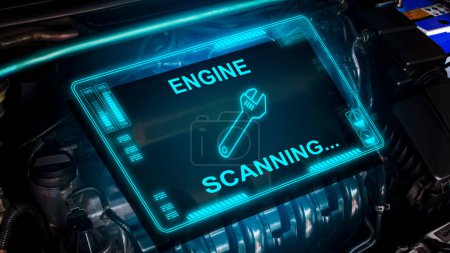 Engine scanning interface display on the car engine compartment, Automotive maintenance service concept