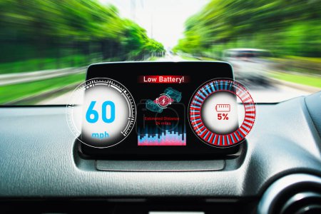 Low battery warning light on the interface screen of an electric car while driving. EV Electric vehicle technology concept.