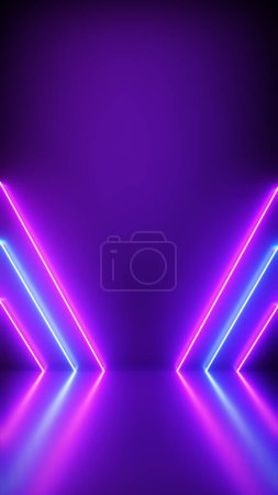 Photo for Neon Background Abstract with Light Shapes line diagonals on colorful and reflective floor, party and concert concept. Vertical size. - Royalty Free Image