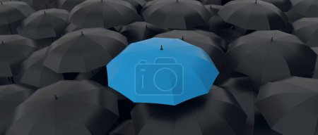 Paraguas azul destacan entre la multitud de muchos paraguas negros. siendo un concepto diferente. Renderizado 3D.