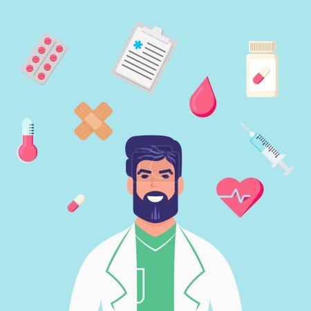 Photo for Nurse or doctor with beard with medicine icons around it. Vector illustration. - Royalty Free Image