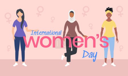 Illustration for Muslim, african, black woman celebrate, Women of different ages and cultures together in international womens day. Vector illustration. - Royalty Free Image