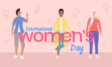 Illustration for Women of different ages and cultures together in international womens day. Vector illustration. - Royalty Free Image