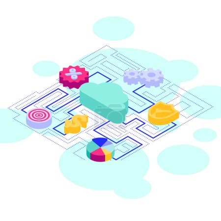 Illustration for Isometric infographic illustrating cloud computing, strategic gears, a target, financial charts, and data analytics as components of business strategy. - Royalty Free Image