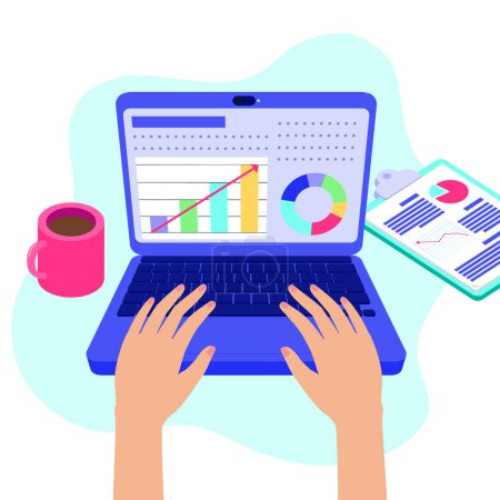 Eine farbenfrohe Grafik von Händen beim Tippen auf einem Laptop mit statistischer Analyse auf dem Bildschirm, begleitet von einer Tasse Kaffee und Berichten. Vektorillustrator.