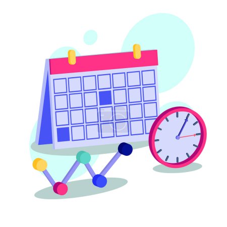Zeigt einen Kalender und eine Uhr neben einer Trendlinie, die effizientes Zeitmanagement und Produktivitätsplanung repräsentieren. Kalender und Uhr. Vektorillustration.