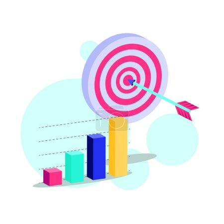 A dynamic graphic of a dart hitting the bullseye on a target, with a growth bar chart in the foreground, depicting measurable success in business. Vector illustrator.