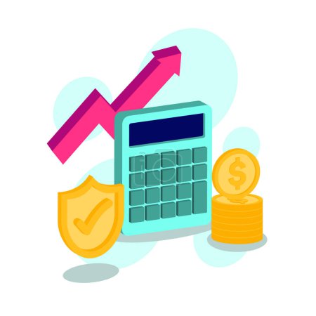 Une illustration colorée mettant l'accent sur la sécurité financière et la croissance, avec une calculatrice, une flèche de tendance à la hausse, un bouclier et une pile de pièces. Illustration vectorielle.