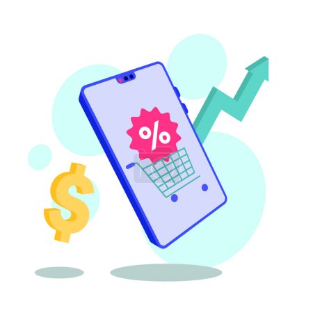 Illustration of a smartphone displaying a shopping cart with a discount tag, alongside a rising arrow and dollar sign, representing the surge in online sales. Vector illustration.
