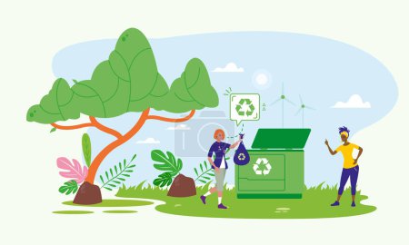 Zwei Personen beteiligen sich an nachhaltigen Recyclingpraktiken in einem Park mit Symbolen erneuerbarer Energien.