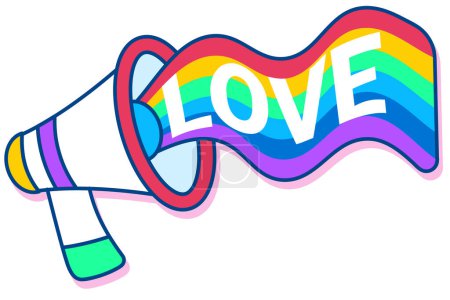 Illustration d'un mégaphone avec une bannière arc-en-ciel fluide orthographiant "LOVE", symbolisant le soutien vocal aux droits LGBTQ +.