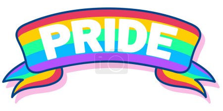 Bright and cheerful graphic illustration of a rainbow-colored banner with the word 'PRIDE' in bold white letters.